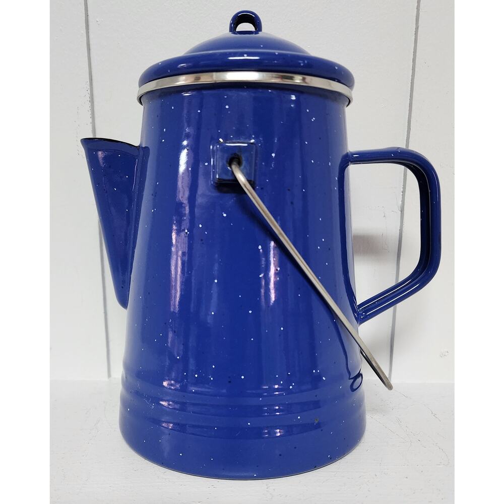 Vintage - Beautiful Blue Speckled Enamelware Water Kettle Pot w/ Handle & Lid